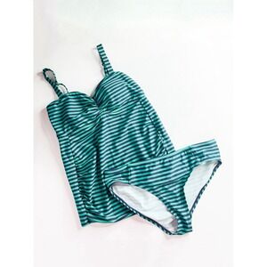Motherhood Maternity Green & Navy Striped Tankini Swimsuit Set Size M Supportive